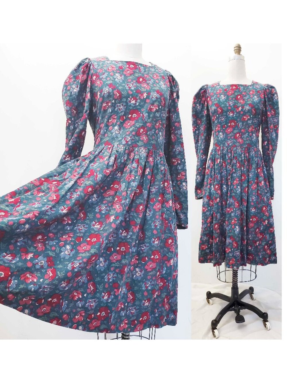 Vintage Laura Ashley Womens Cottagecore Cotton Corduroy Dress Romantic Floral